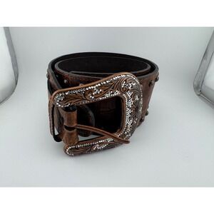 Roper Western Brow Embossed Studded Leather Belt Rhinestone Engraved Buckle Wide